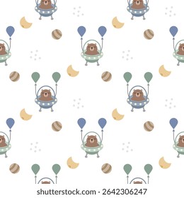 Bear in ufo and balloon cartoon so cute. On star moon planet white background. Pattern seamless vector illustration. 