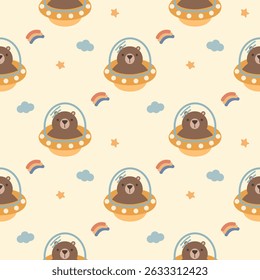 Bear in ufo yellow cartoon so cute. On rainbow star cloud background. Pattern seamless vector illustration. 