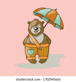 BÄR mit UMBRELLA Cartoon Hand gezeichnete Vektorillustration Illustration