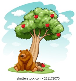 Bear under the apple tree on a white background