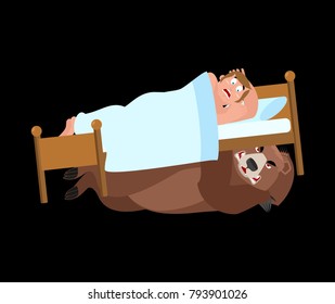 Bear under bed. frightened Man sleeps on bed. Vector illustration.