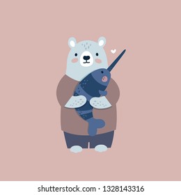 Сartoon bear and unicorn fish. Print design. Funny animal illustration. Perfect for kids t-shirt, card, print, textile, poster. Vector