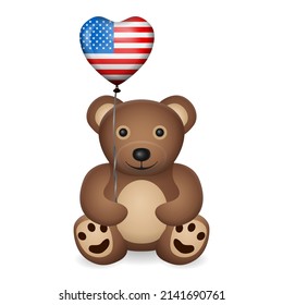 Bear with USA flag heart balloon on a white background. Vector illustration.