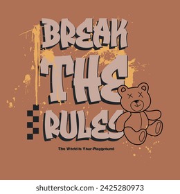 Bear Vector with Break The Rules Slogan Tshirt Design, Bear Slogan, Checkered Illustration, Graffiti Typoghrapy Graphic Design