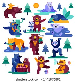 Bear vector cartoon animal character panda and brown grizzly eating honey illustration animalistic bearing set of bearcat playing or hugging with she-bear isolated on white background