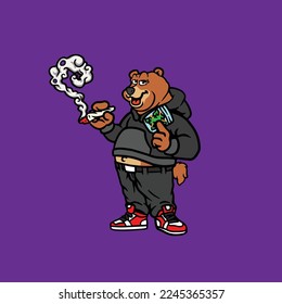 personaje de vector de oso animal caricatura mascota humeante y articulación de la flor de maleza nug cannabis marihuana