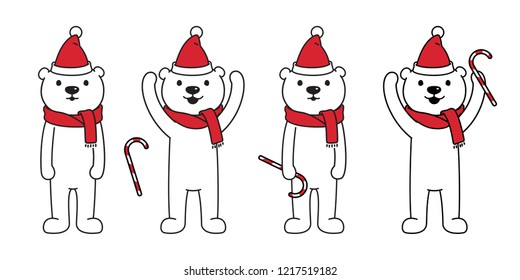 Bear vector Christmas polar bear Santa Claus hat candy cane red scarf cartoon character icon illustration