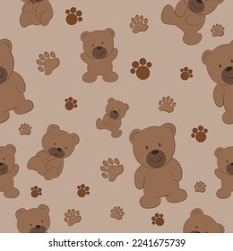 Bear vector in different poses and bear paw pattern seamless vector on brown background , animal pattern seamless