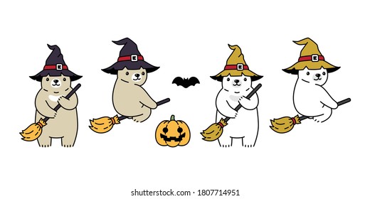 Bear vector halloween pumpkin polar bear witch hat broom icon teddy logo symbol cartoon character doodle illustration design