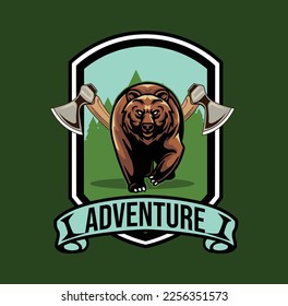 Ilustración vectorial de oso con logotipo de insignia de aventura