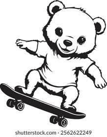 Bear vector illustration playing skateboard. Black and white outline coloring book or page for children