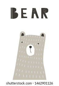 Bear. Vector illustration, Scandinavian style, for printing on postcard, clothes, design picture. Cute baby background.