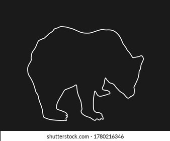 Ilustración del contorno de la línea vectorial del oso aislada en el fondo negro. Símbolo pardo. Gran animal, concepto de vida salvaje natural.
