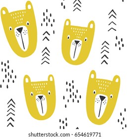 Bear vector pattern. Tribal hand drawn seamless background in black and yellow with doodle elements.