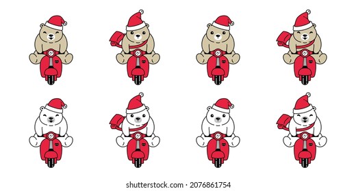 Bear vector polar bear christmas santa claus ride bike scooter motorcycle icon logo teddy cartoon character illustration doodle symbol design