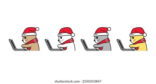 bear vector polar christmas santa claus hat working laptop computer icon teddy pet cartoon character illustration symbol clip art isolated