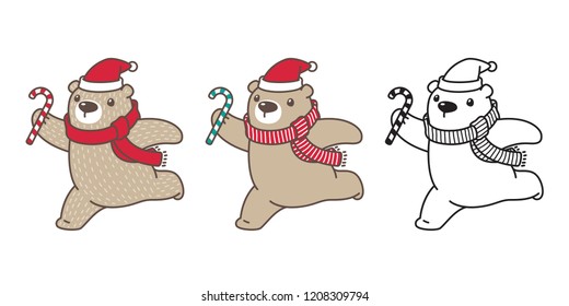 bear vector polar bear Christmas Xmas Santa Claus hat candy cane scarf cartoon character icon logo illustration doodle brown