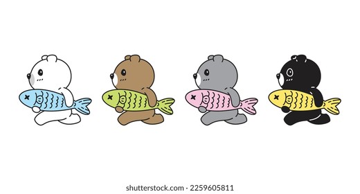 Bear vector polar icon catch fish running character cartoon logo teddy symbol doodle animal illustration isolated design