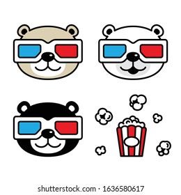 Bear vector polar bear popcorn icon 3d glasses movie cinema teddy head face character cartoon illustration doodle design