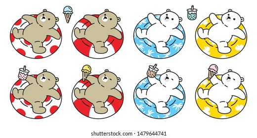 Bear vector polar bear swimming ring icon cartoon character tropical pool ocean boba tea ice cream logo doodle illustration design