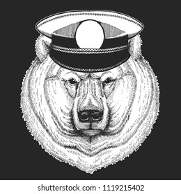 Bear Vector print for children. Capitan, pirate animal. Brave sailor. Design for kindergarten, school kids clothing, t-shirts.