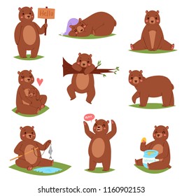 Bear vector set cartoon animal character and cute brown grizzly eating honey illustration animalistic set of childish teddybear playing or hugging with she-bear isolated on white background