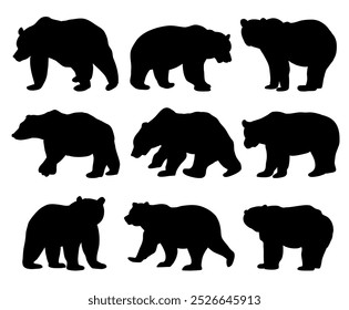 Bear vector silhouette set, brown grizzly bear and polar bear silhouette pack