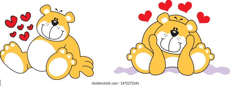 Bear in vector sitting in two positions with hearts around.