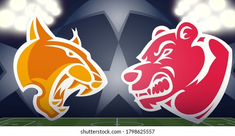 Bear Versus Lynx Abstract Mascot Logos On A Soccer Field, Final Match, Vector Illustration, PSG, Bayern Munich