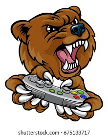 A bear video game player online sports gamer animal mascot holding a controller