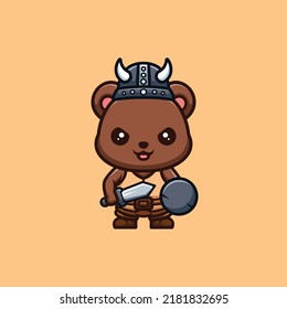 Bear Viking Cute Creative Kawaii Cartoon Mascot Logo