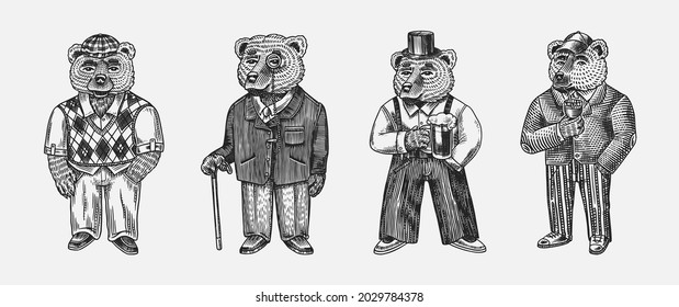 Bear in vintage costume with beer. Fashion animal character in tweed jacket. Hand drawn sketch. Retro look. Vector engraved illustration for logo and tattoo or T-shirts.