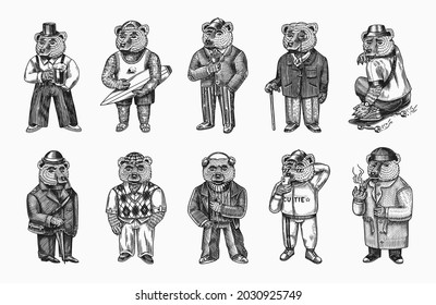 Bear in vintage costume with beer. Fashion animal character in tweed jacket. Hand drawn sketch. Retro look. Vector engraved illustration for logo and tattoo or T-shirts.