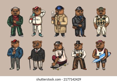 Bear in vintage costume with beer. Fashion animal character in tweed jacket. Hand drawn sketch. Retro look. Vector engraved illustration for logo and tattoo or T-shirts.