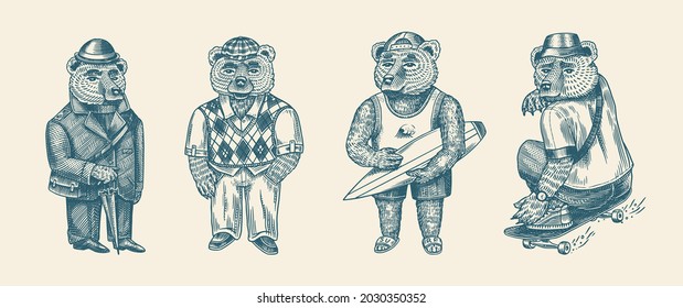 Bear in vintage costume. Fashion animal character in tweed jacket. Hand drawn sketch. Retro look. Vector engraved illustration for logo and tattoo or T-shirts.