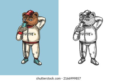 Bear in vintage costume. Fashion animal character in in a tracksuit takes a picture of himself on the phone. Hand drawn sketch. Retro look. Vector engraved illustration for logo and tattoo or T-shirts