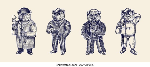 Bear in vintage costume. Victorian gentleman listening to music with headphones and playing sports. Fashion animal character in tweed jacket. Hand drawn sketch. Retro look. Vector for tattoo T-shirts.