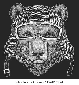 Bear. Vintage motorcycle hemlet. Retro style illustration with animal biker for children, kids clothing, t-shirts. Fashion print with cool character. Speed and freedom.