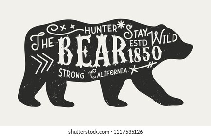 The Bear - vintage poster template. Silhouette of bear with text isolated on a white background. Retro poster with grunge texture. Vector illustration