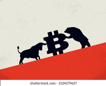 Bear vs bull on bitcoin cryptocurrency market vector concept. Symol of investment, buy, sell strategy, profit and loss. Eps10 illustration.