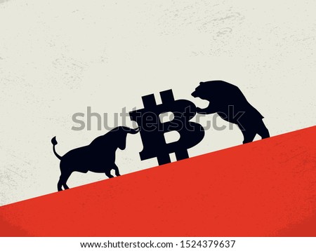 Bear vs bull on bitcoin cryptocurrency market vector concept. Symol of investment, buy, sell strategy, profit and loss. Eps10 illustration.