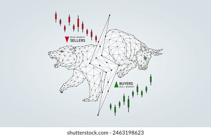 Bear VS Bull shapes polygon thunder the middle. Bullish and bearish candlestick red green. Stock market trends arrow down and up. Analysis strategy investment buy sell financial business. Vector.