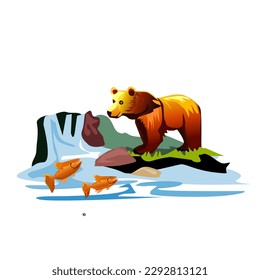 A bear is waiting to hunt for salmon by the waterfall.vector illustration isolated on white background.Cute design for t shirt print, icon, logo, label, patch or sticker.