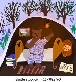 bear wakes up in a den after hibernation. Colorful vector illustration with a cute bear waiting for spring. cartoon grizzly yawns