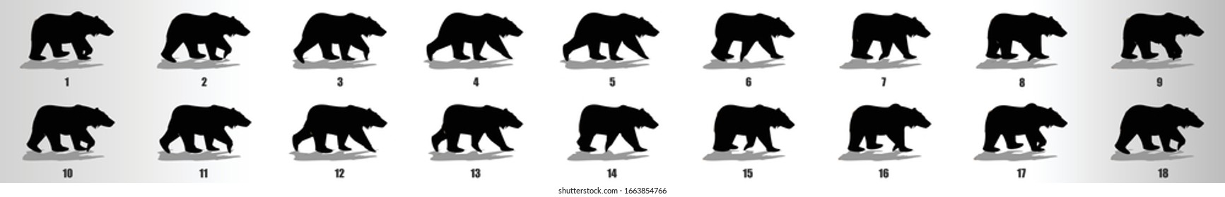 Bear Walk Cycle Animation Frames Silhouette, Loop Animation Sequence Sprite Sheet 