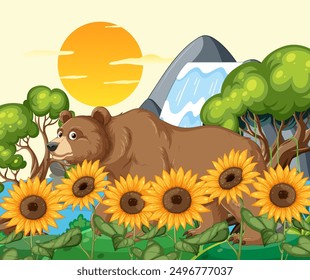 Bear walking among sunflowers near waterfall