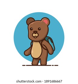 Bear walking with a bag behind vector illustration.