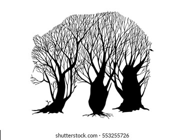 Bear walking double exposure blend tree ink drawing for design tree wildlife concept tattoo silhouette vector.Hipster design style  