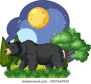 A bear walking in a forest at night