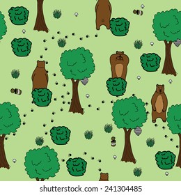 Bear walking in a forest. Bear and its trails.